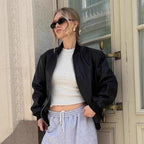 Damen Modische Bomberjacke aus weichem Kunstleder mit elastischen Bündchen R&B