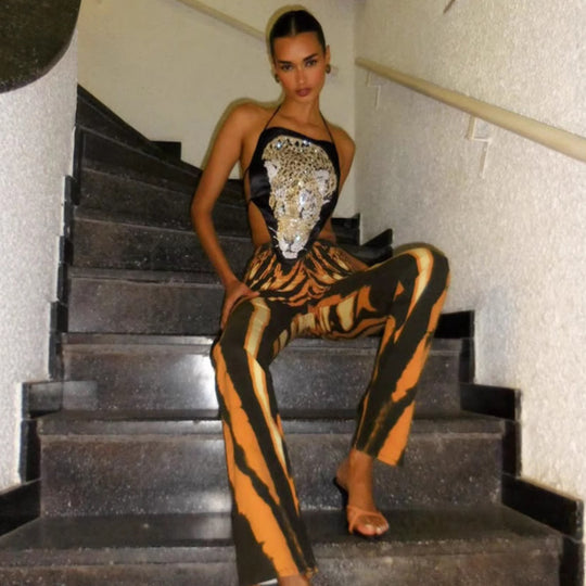 Damen Glänzendes Top mit Leopardenmotiv und Schnürdetails R&B
