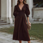 Damen Maxikleid mit schmaler Taille und Puffärmeln R&B