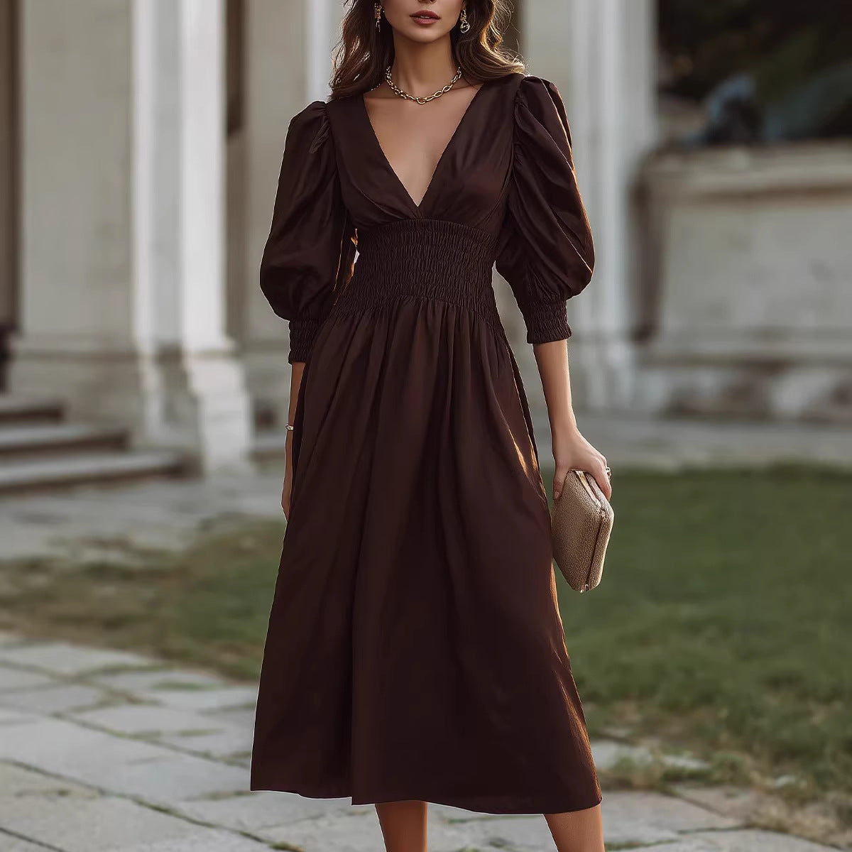 Damen Maxikleid mit schmaler Taille und Puffärmeln R&B