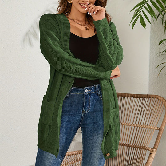 Damen Strickjacke mit großem Zopfmuster und praktischen Taschen R&B