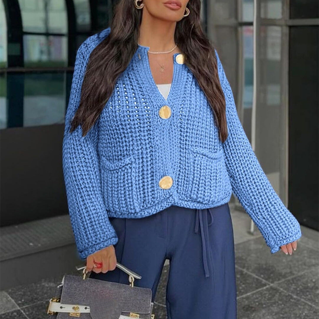 Damen Kuschelige Strickjacke mit großen Knöpfen und aufgesetzten Taschen