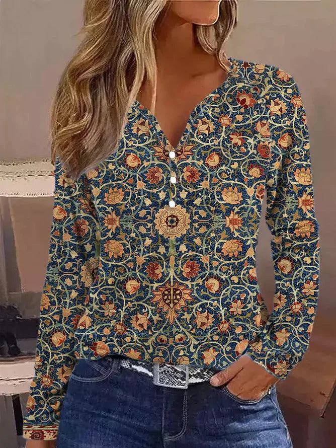 Damen elegantes Langarmshirt mit grafischem Farbverlauf und Knopfdetails R&B