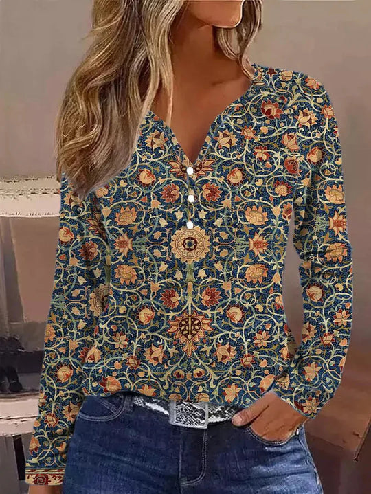 Damen elegantes Langarmshirt mit grafischem Farbverlauf und Knopfdetails R&B