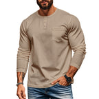 Herren langärmliges Henley-Shirt mit strukturierter Baumwolloberfläche und Brusttasche R&B