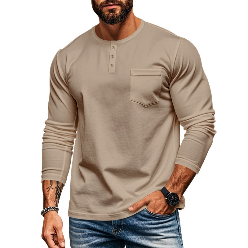 Herren langärmliges Henley-Shirt mit strukturierter Baumwolloberfläche und Brusttasche R&B