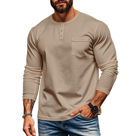 Herren langärmliges Henley-Shirt mit strukturierter Baumwolloberfläche und Brusttasche R&B