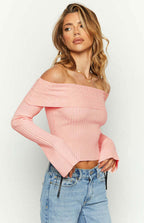 Damen elegantes Off-Shoulder Strickoberteil mit modernem Rippdesign und lässigem Schnitt R&B