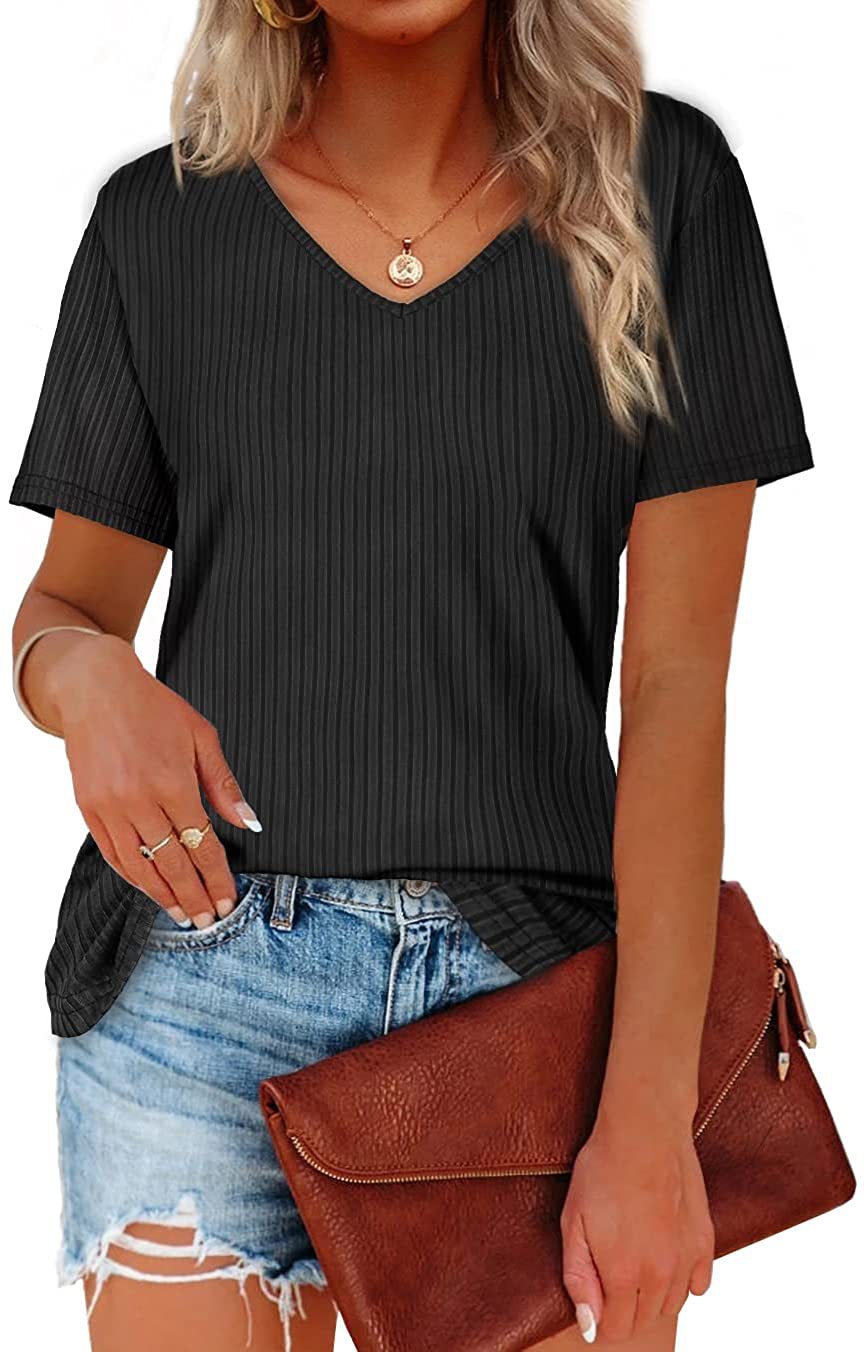 Damen Viskose T-Shirt mit feinem Rippstrickmuster und lässigem V-Ausschnitt R&B
