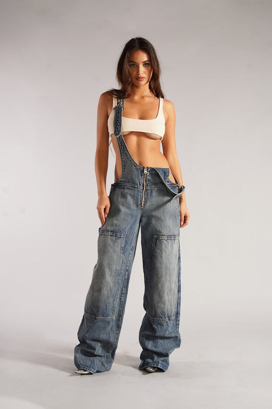 Damen lässige Denim-Latzhose mit oversized Schnitt und praktischen Taschen R&B