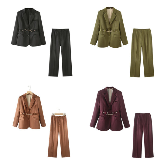 Damen elegantes Satin-Blazer-Set mit Kettenakzent R&B