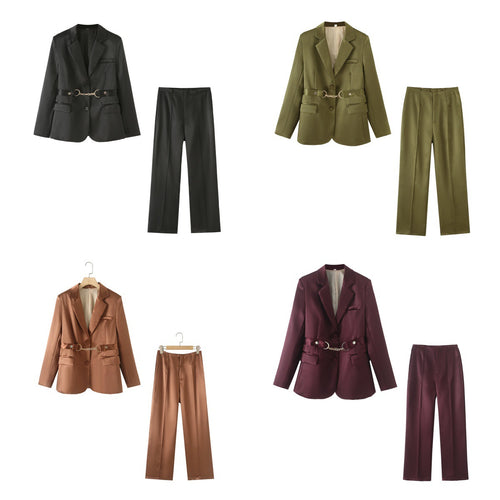 Damen elegantes Satin-Blazer-Set mit Kettenakzent R&B
