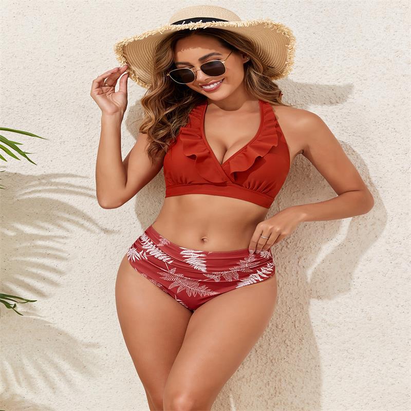 Damen Bikini-Set mit Volant-Top und hochgeschnittenem Slip R&B