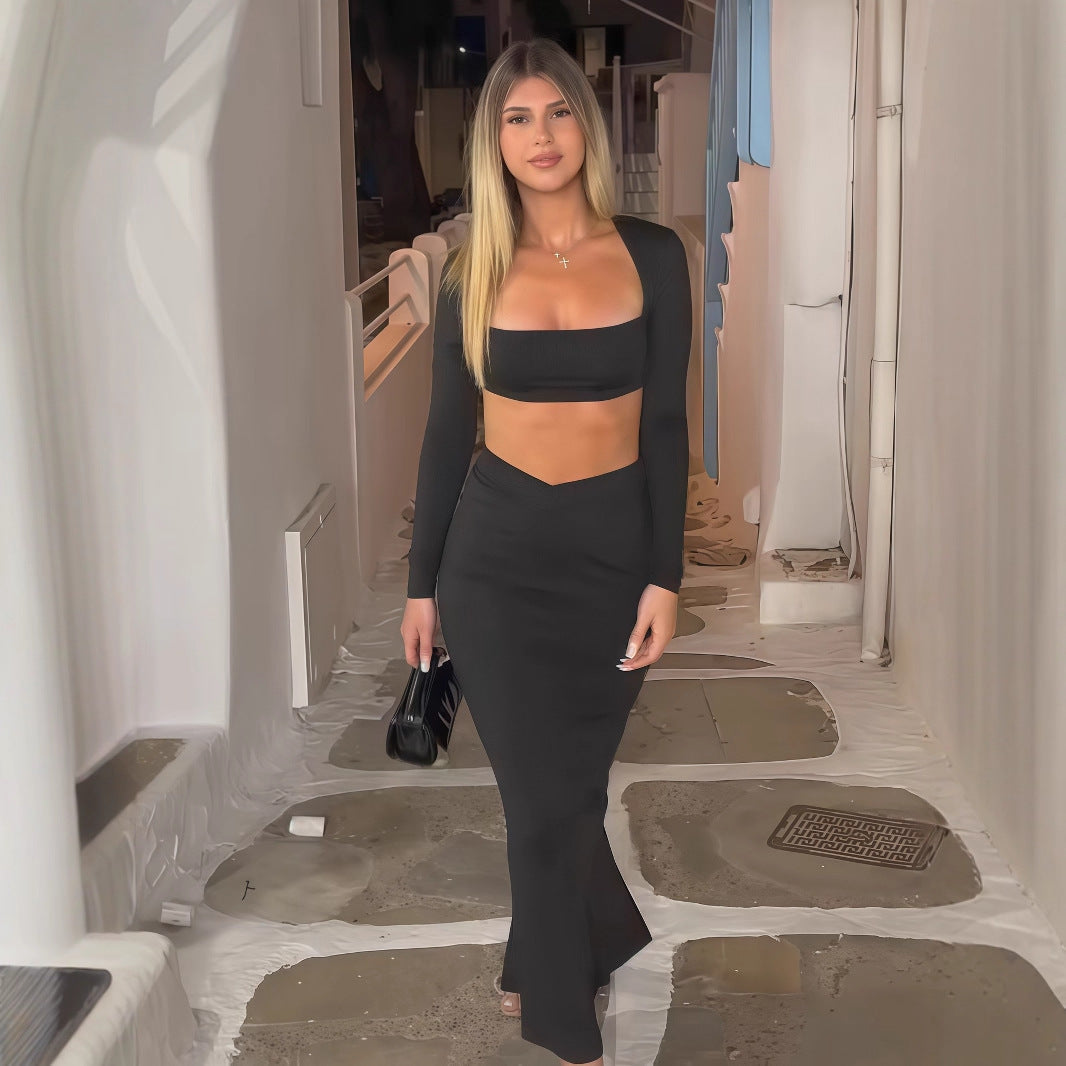 Damen Elegantes Set aus Crop-Top und Maxirock mit transparentem Detail R&B