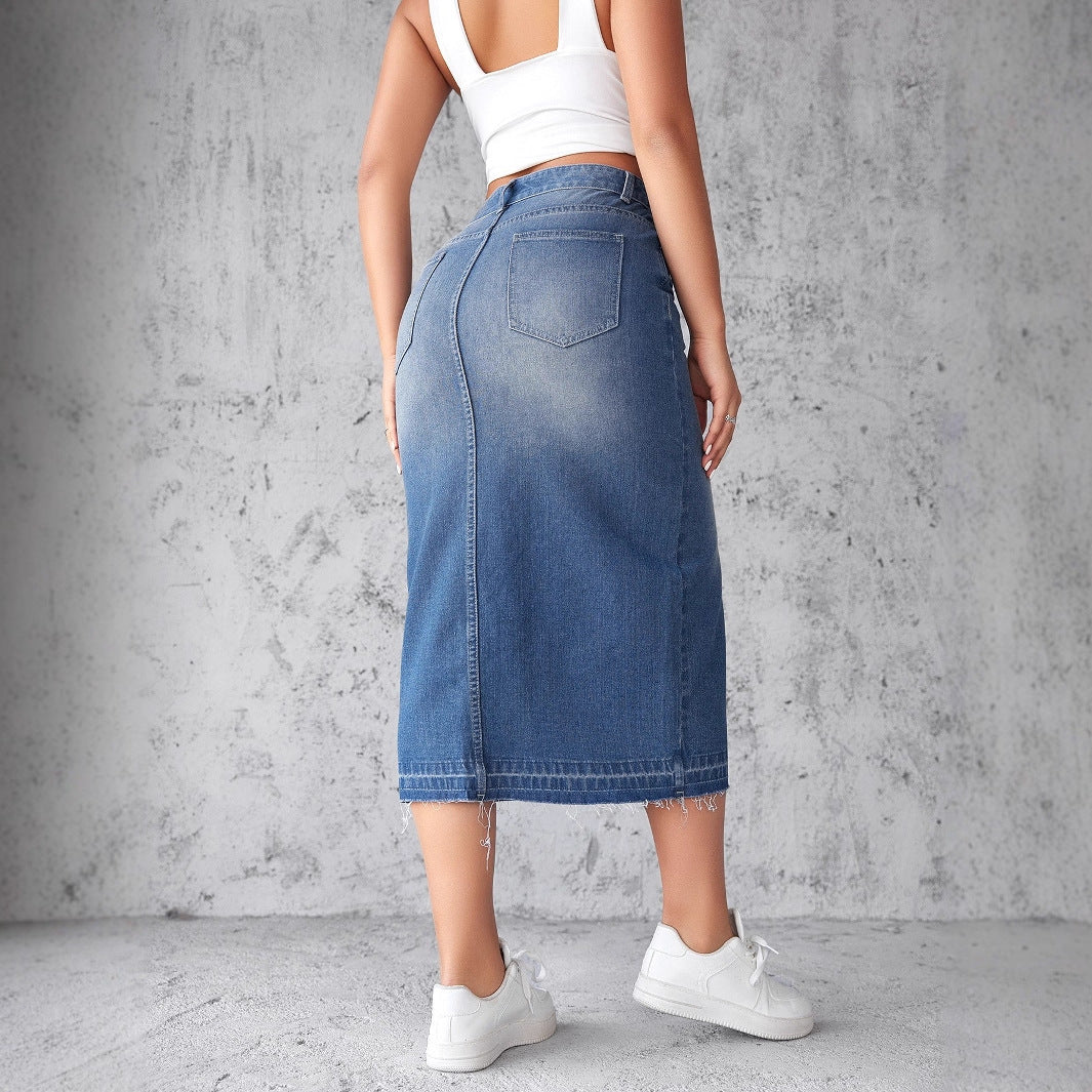 Damen Denim-Midirock mit hohem Schlitz und fransigem Saum R&B