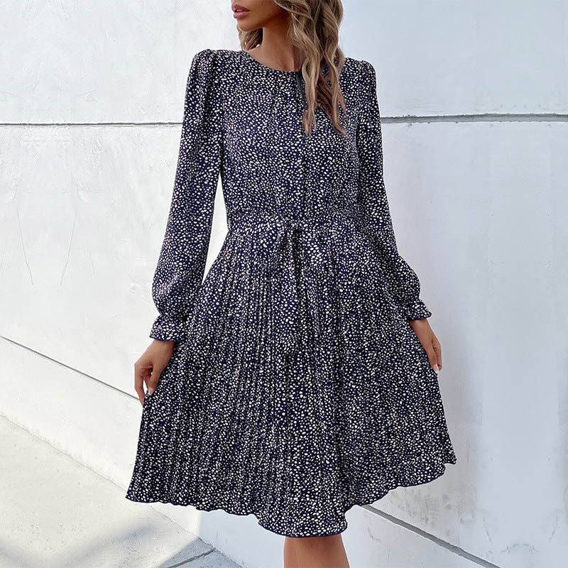 Damen Midikleid mit elastischem Taillengürtel und femininem Punktenmuster R&B