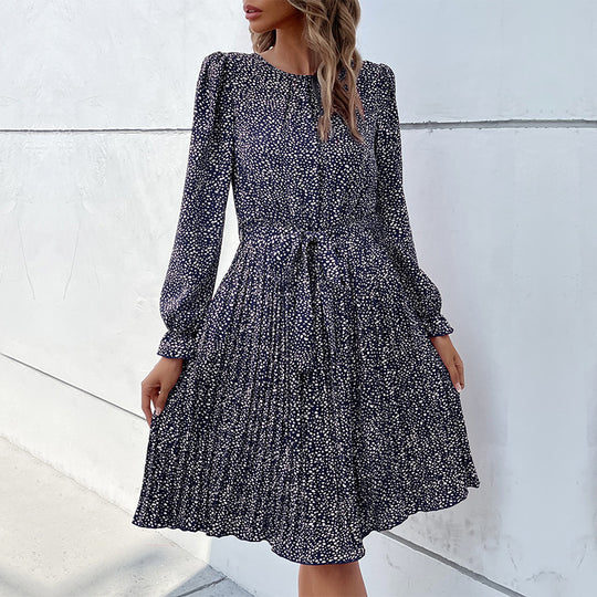 Damen Midikleid mit elastischem Taillengürtel und femininem Punktenmuster R&B