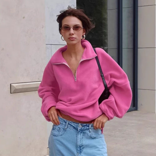 Damen lässiger Fleece-Pullover mit halbem Reißverschluss und oversized Schnitt R&B