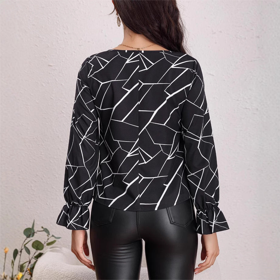 Damen Bluse mit geometrischem Muster und Rüschendetails R&B