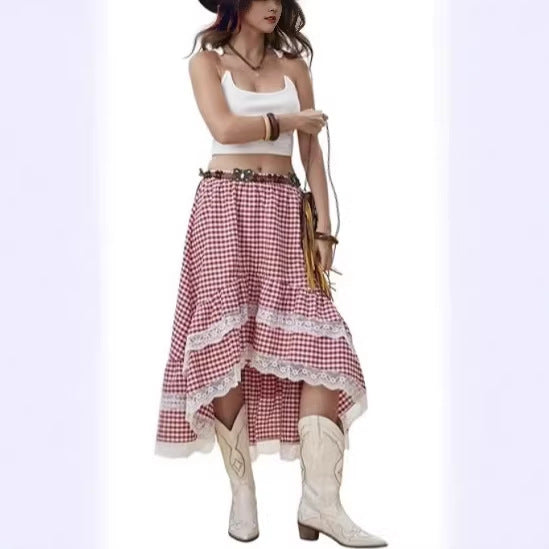 Damen Boho Maxi-Rock mit asymmetrischem Saum und Spitzenverzierungen R&B
