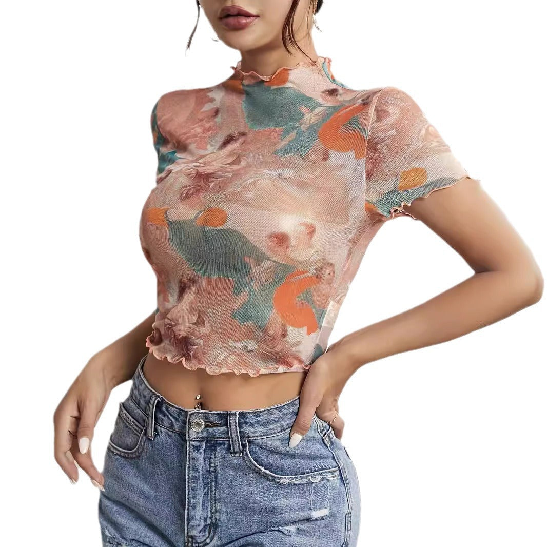 Damen figurbetonter Turtleneck-Body mit kunstvollem Druck R&B