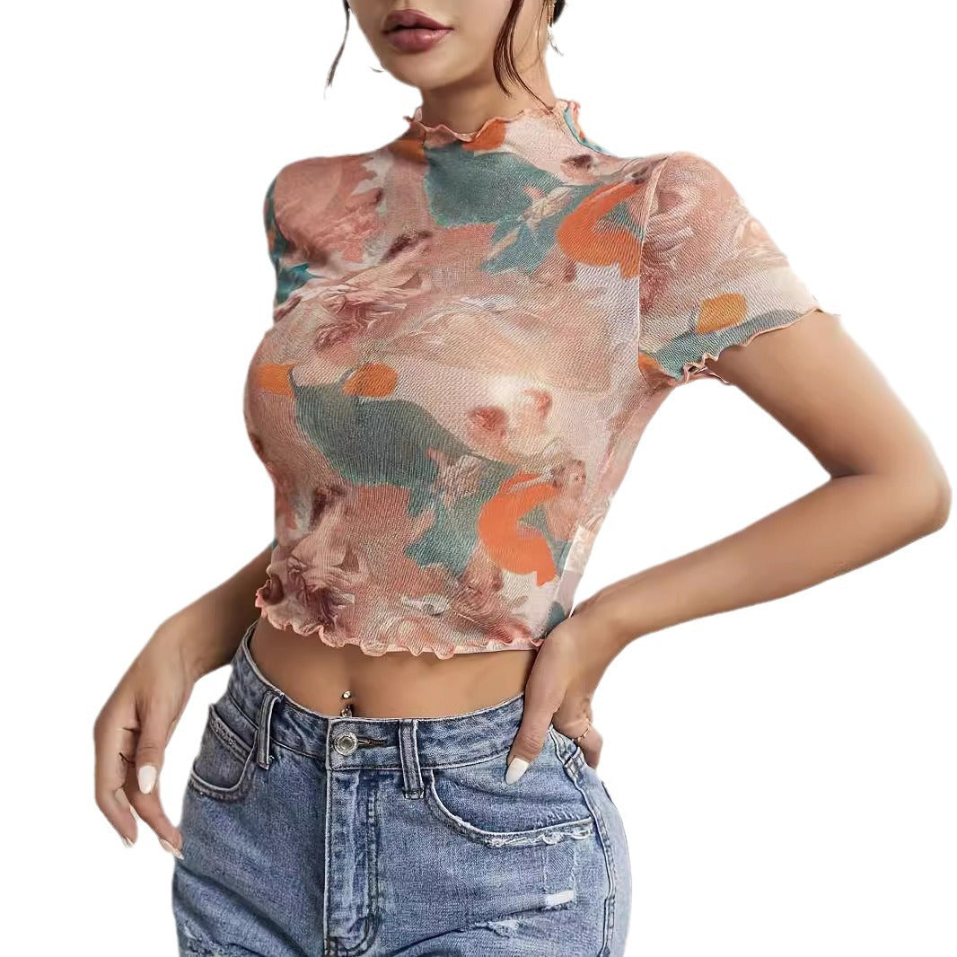 Damen nan figurnahes transparentes Mesh-Top mit barockem Engeldruck, Stehkragen und Kräuselsaum R&B