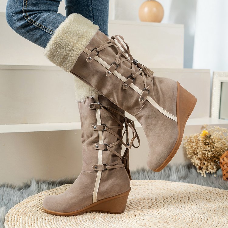 Damen Wedge-Stiefel mit gefüttertem Innenbereich und modischem Schnür-Design R&B
