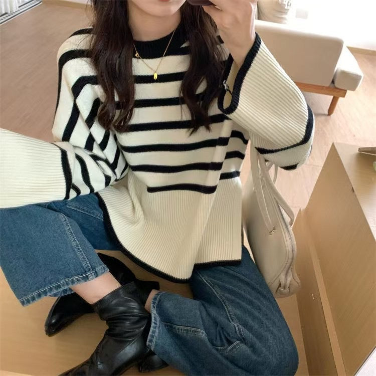 Damen gemütlicher Strickpullover mit Streifen R&B
