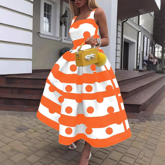 Damen Elegantes Midi-Kleid mit strukturiertem Polka-Dot-Design und schwingendem Rock R&B