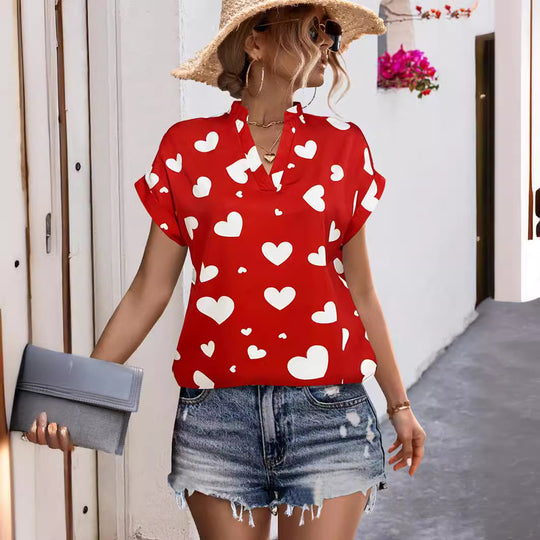 Damen luftiges Blusenshirt mit herzförmigem Print und lockerer Passform R&B