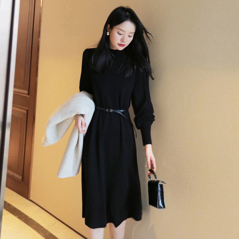 Damen Elegantes Knielanges Kleid mit Gürtel und Langarm R&B