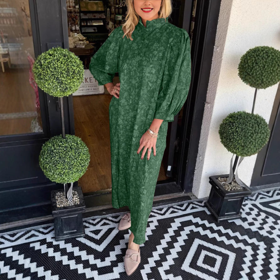 Damen Elegantes Maxikleid mit Stehkragen und weiten Ärmeln R&B