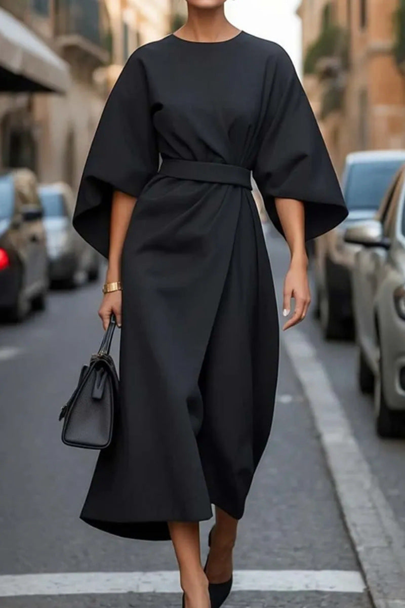 Damen Maxikleid mit eleganten Ballonärmeln und Taillengürtel