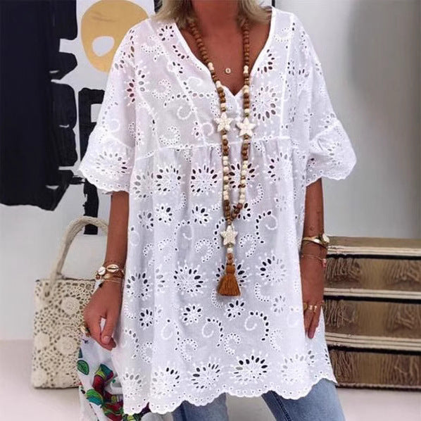 Damen Bluse mit floralen Stickereien und weiten Ärmeln R&B