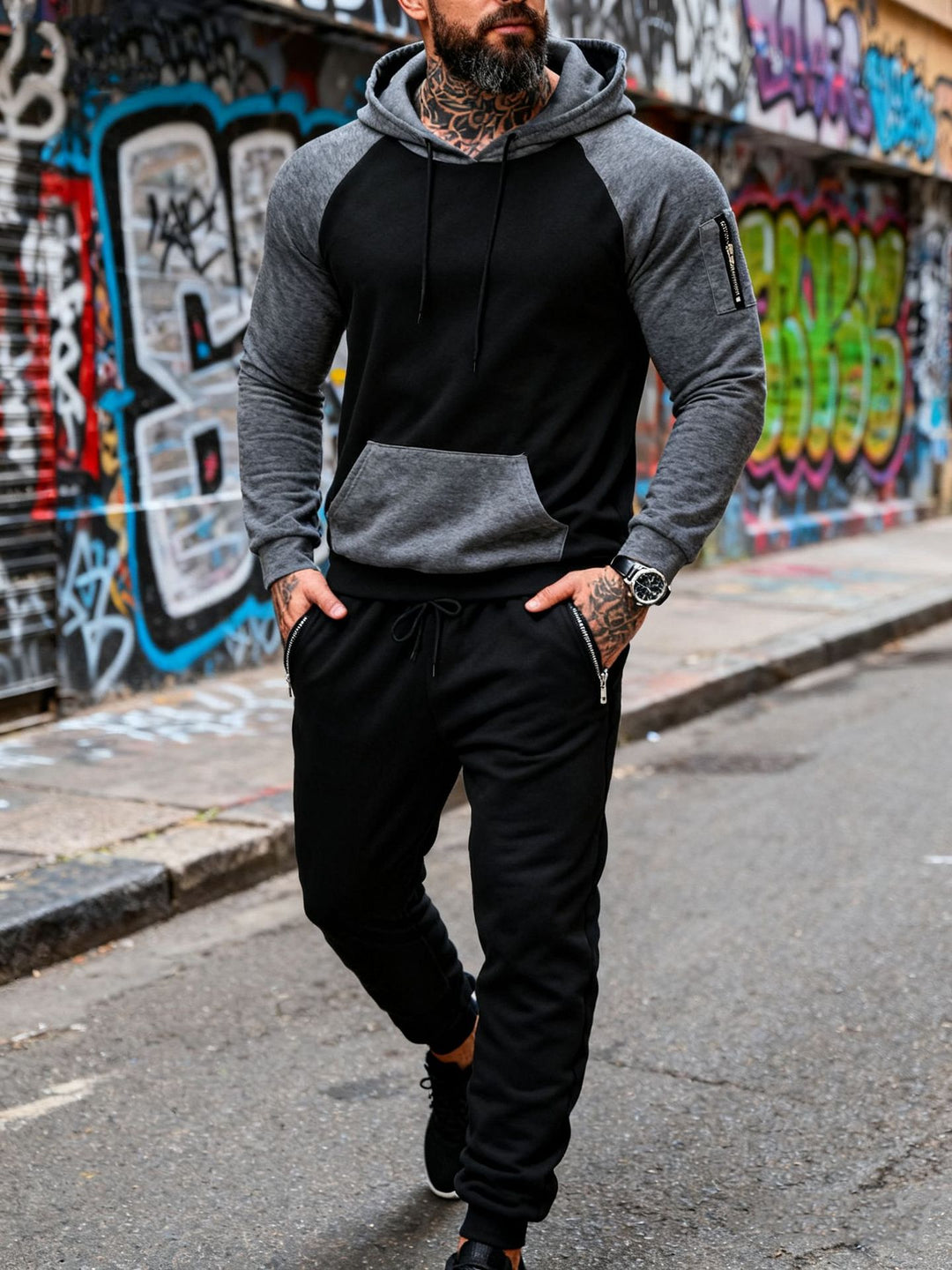 Herren nan zweiteiliges Kapuzen-Sweatset mit Raglanärmeln, Ärmel-Zip-Tasche und tapered Jogginghose R&B