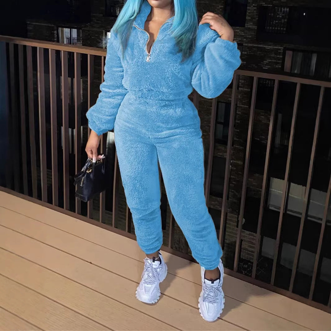 Damen nan kuscheliges Teddy-Lounge-Set mit Halbzip und Highwaist-Jogger R&B