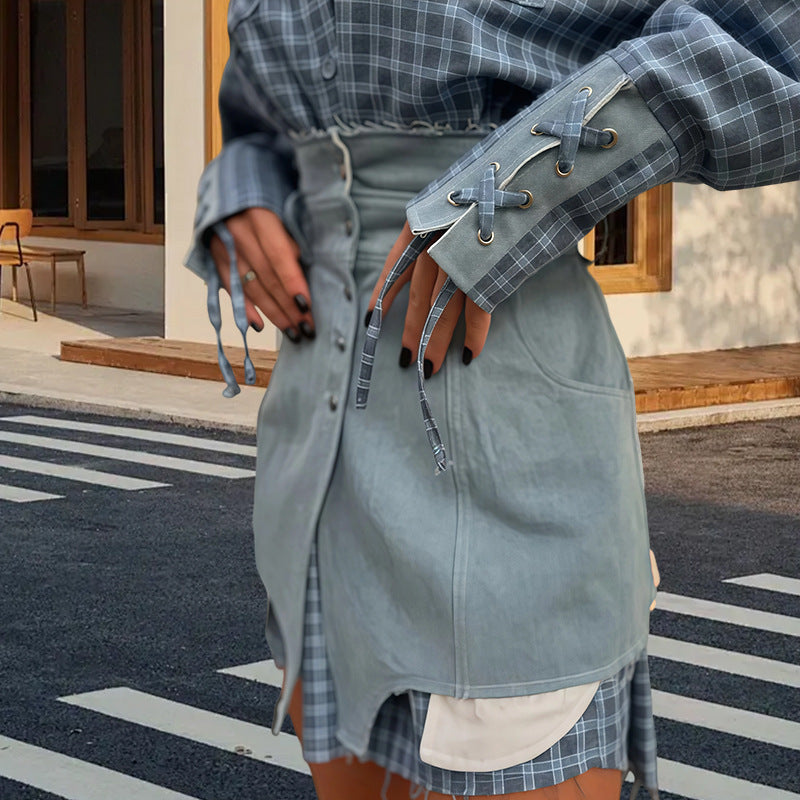 Damen Karo Hemdbluse mit Jeansrock und artisanalem Schnitt R&B