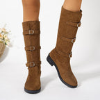 Damen Overkneestiefel mit modischen Schnallen und robustem Profilsohle R&B