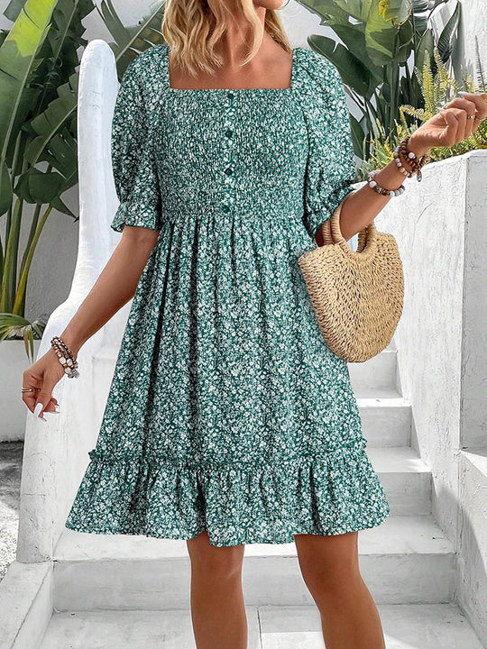 Damen romantisches Sommerkleid mit Puffärmeln und Rüschen R&B