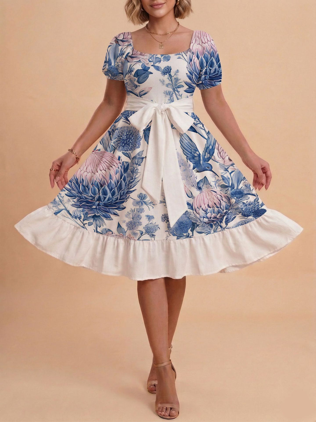 Damen Retro Maxikleid mit Puffärmeln und Taillengürtel R&B