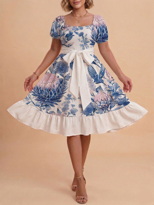 Damen Retro Maxikleid mit Puffärmeln und Taillengürtel R&B