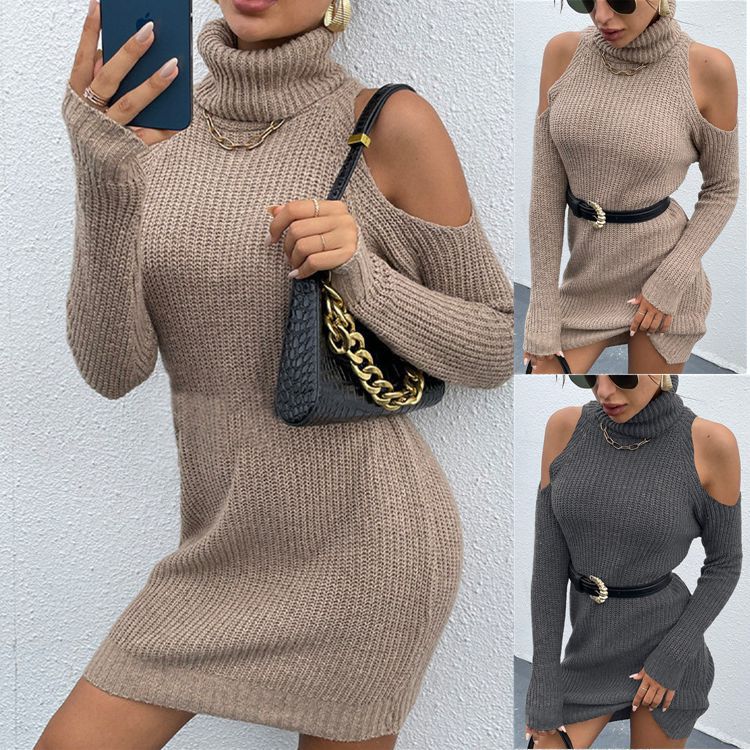 Damen Strickkleid mit schickem Rollkragen und offenen Schultern R&B