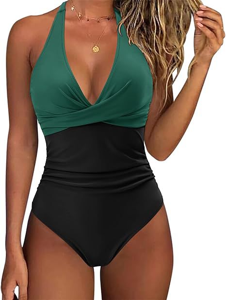 Damen Hochtaillierter Badeanzug mit tiefem V-Ausschnitt und floralem Design R&B