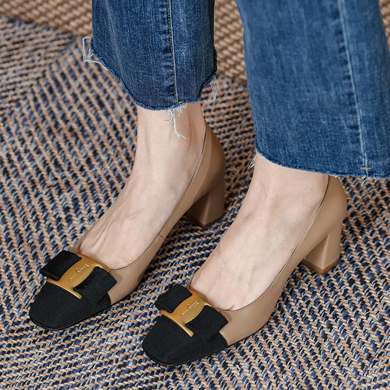 Damen nan zweifarbige Pumps mit Kontrastspitze dekorativer Schleife und mittelhohem Blockabsatz R&B