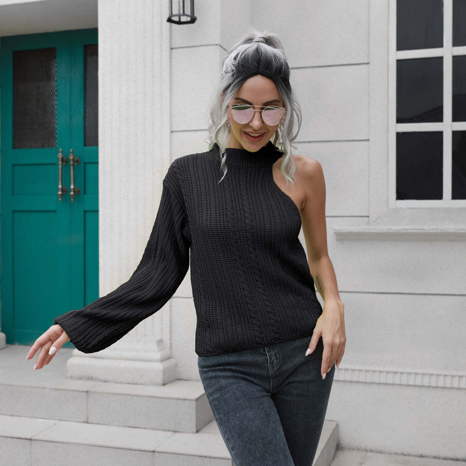 Damen Strickpullover mit asymmetrischem Ausschnitt und hohem Kragen R&B