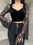 Damen Crop-Top mit eleganten Spitze-Ärmeln und figurbetontem Schnitt R&B