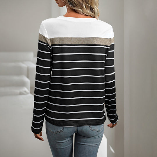 Damen lässiges gestreiftes Langarmshirt mit modernem Rundhalsausschnitt R&B