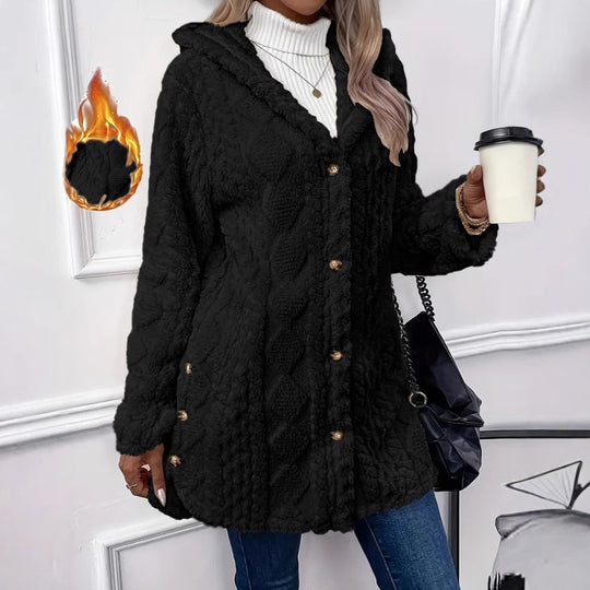 Damen kuscheliger Oversized-Mantel mit Kapuze und Knopfleiste R&B