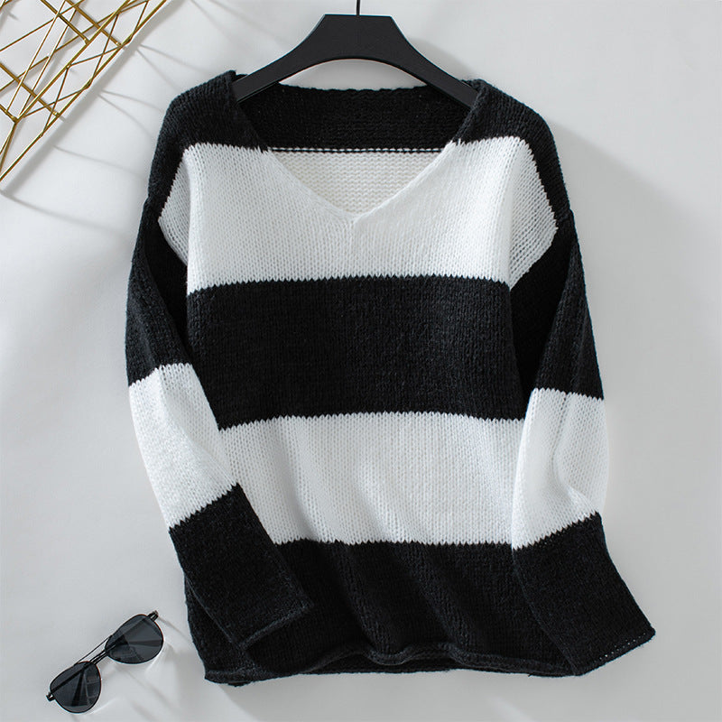 Damen lässiger V-Ausschnitt Strickpullover mit großzügigem Streifenmuster R&B