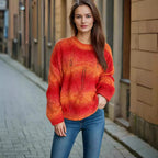 Damen lässiger Strickpullover mit modernem Lochmuster und voluminösen Ärmeln R&B